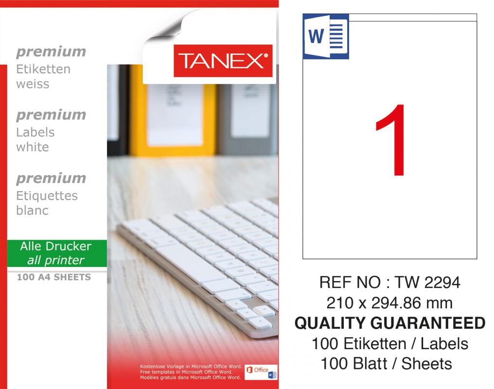 Tanex TW-2294 210x294,86 mm Lazer Etiket